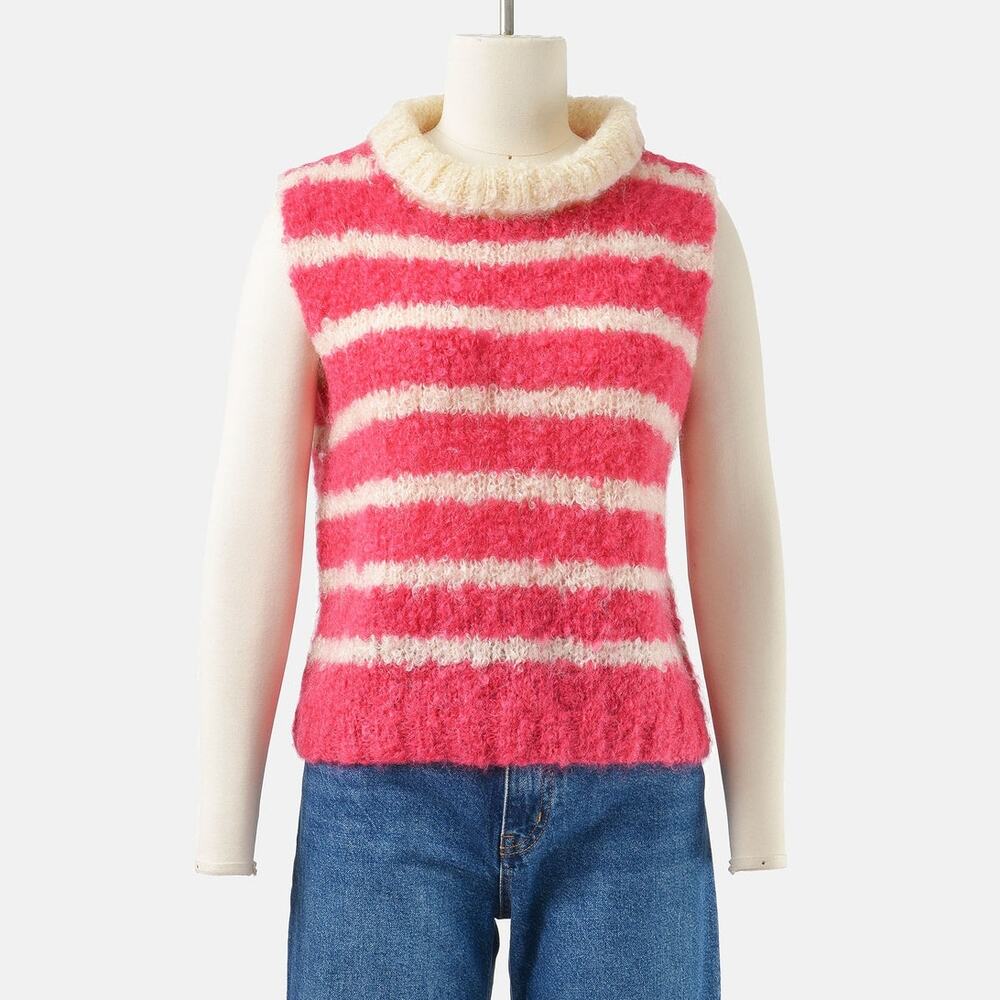 Vintage 60s Pink and Cream Striped Mohair Sweater Hand Knit Sleeveless Top S M